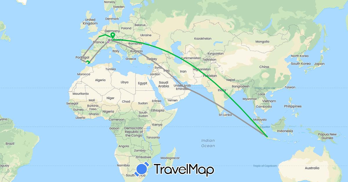 TravelMap itinerary: driving, bus, plane, train in United Arab Emirates, Switzerland, Germany, Spain, France, Indonesia, Luxembourg, Portugal (Asia, Europe)